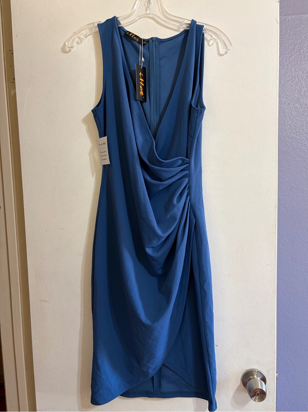 Draped V-Neck Midi Dress in Blue